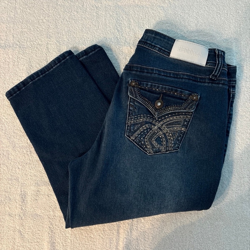 Hydraulic Blue Denim Capris with Embroidered Logo